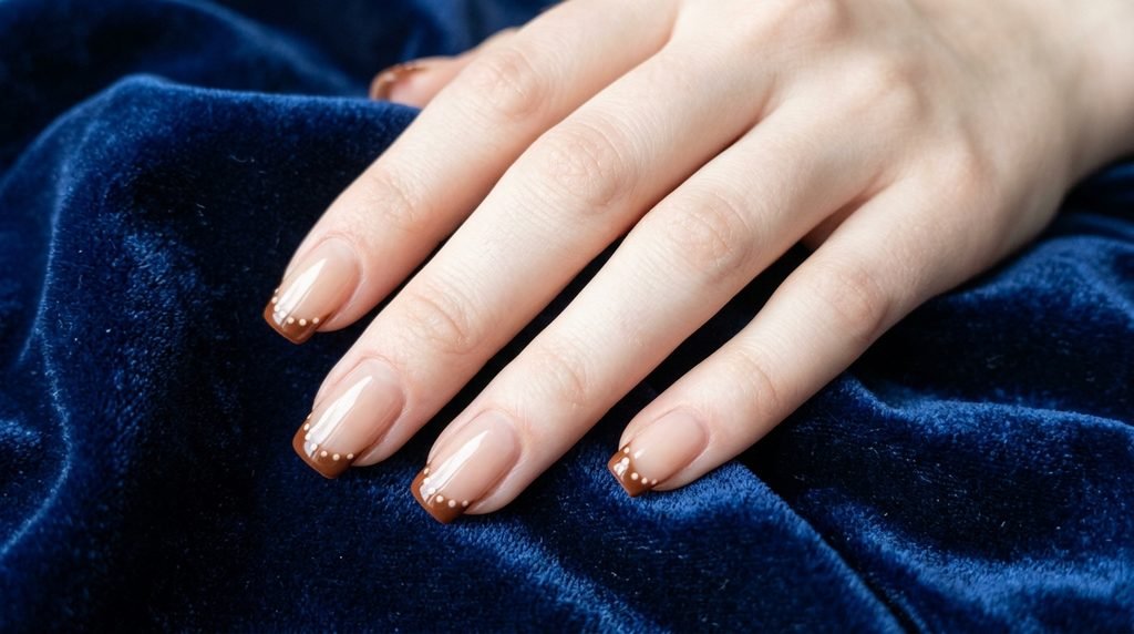 Square nude nails with brown and cream deer print French tips on sapphire blue velvet.