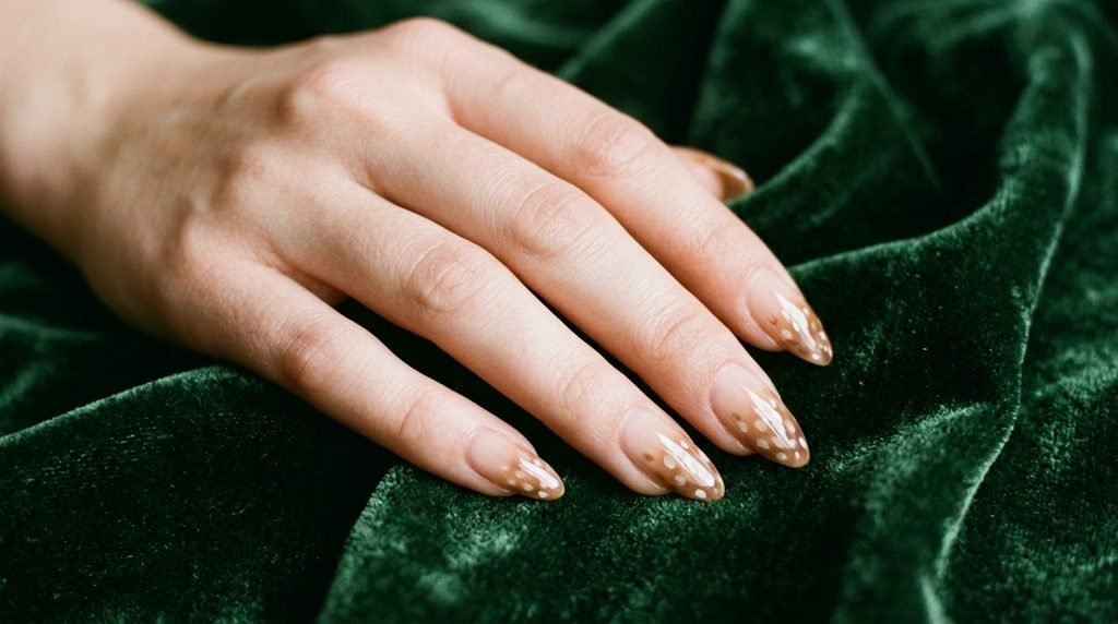 Medium almond nails with faded brown fawn print art on a deep green velvet surface.