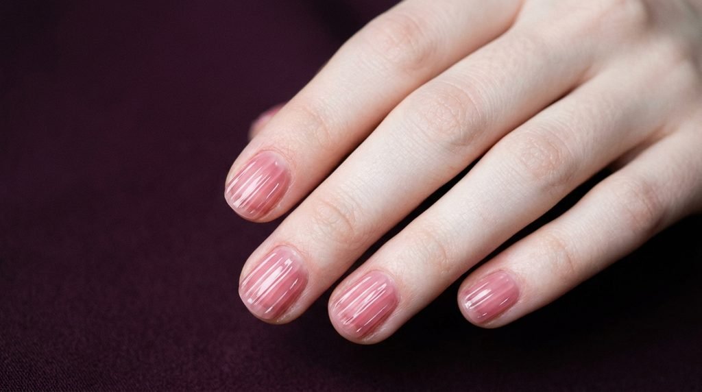 Short round rose pink ribbed glass nails on an 18-year-old female hand with very white skin over a dark plum background.