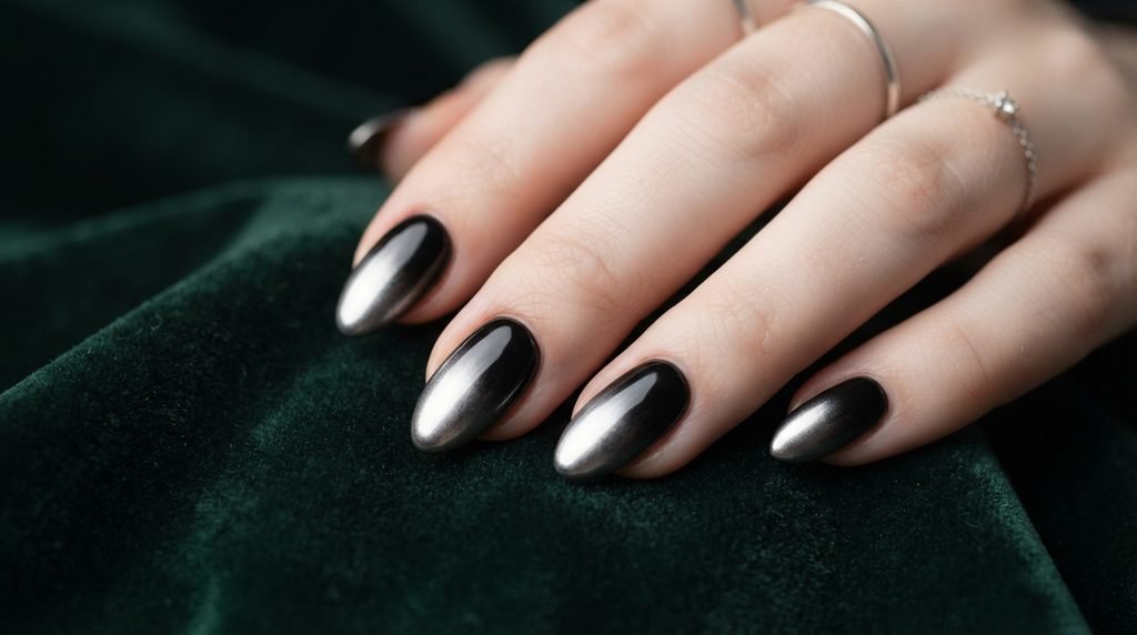 Close-up of elegant almond-shaped nails with a glossy black base and a softly arched gold chrome cuticle line against emerald green velvet.