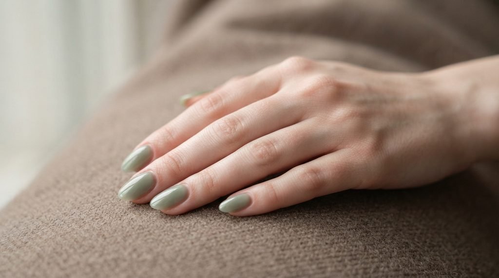 Close-up of sheer muted sage green jelly nails on a young woman's hand.
