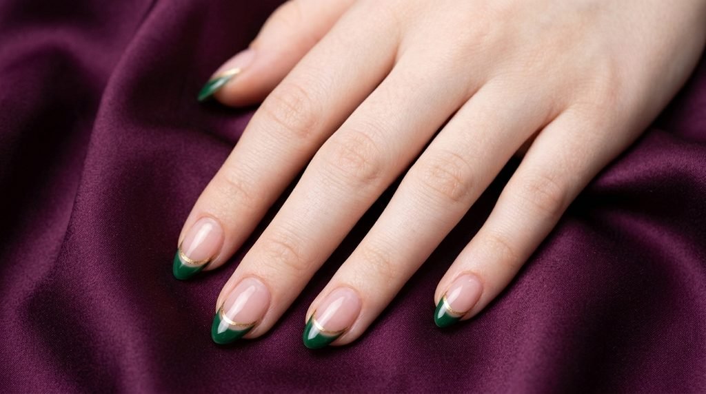 Close-up of female hand showcasing a multi-color fall palette of double French tip nails.