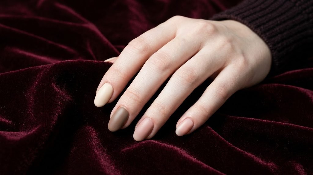 Cashmere nails tonal trio in beige, taupe, and pink-nude on medium oval nails over wine-red backdrop.