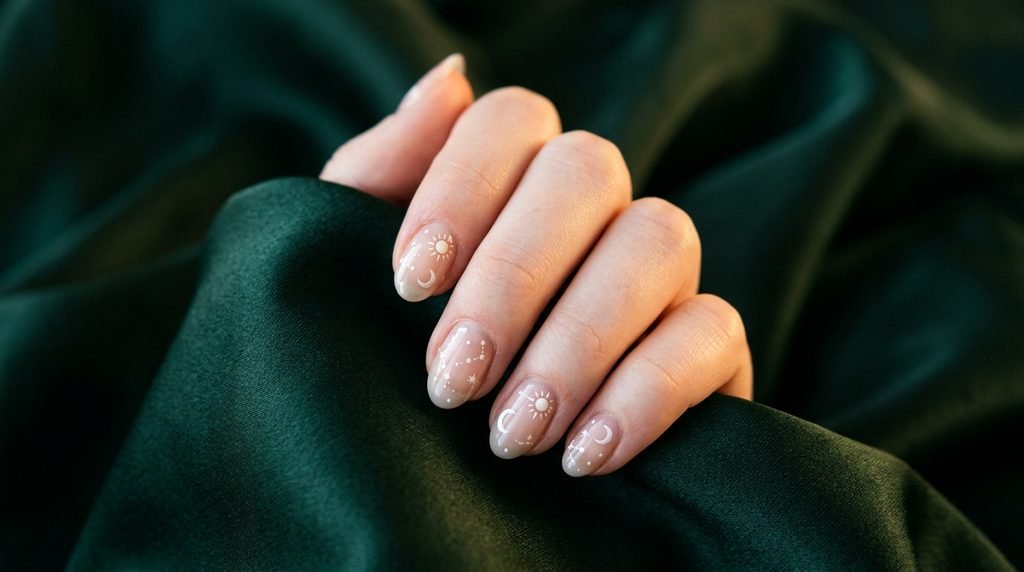 Female hand with white skin showing nails decorated with small hand-painted moons and suns.