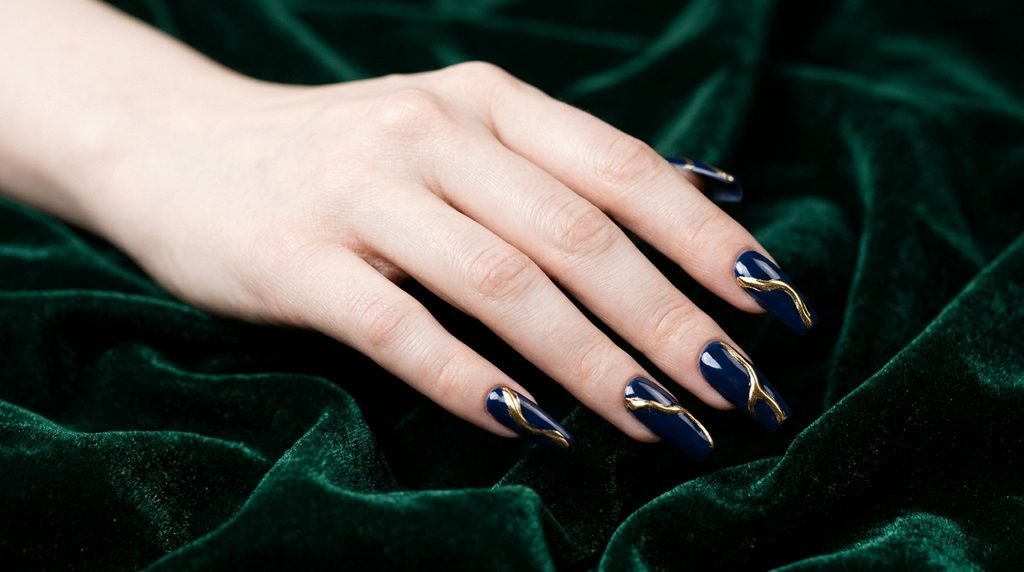 Navy chrome coffin nails on an 18-year-old female hand with very white skin.