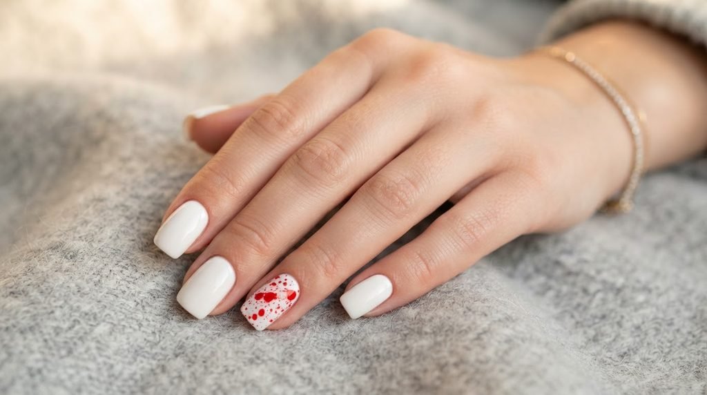 A close-up shot of medium square nails on an 18-year-old female hand with white skin. Eight nails are solid opaque white, and the ring finger nail features a detailed red blood splatter pattern against a light gray wool background.