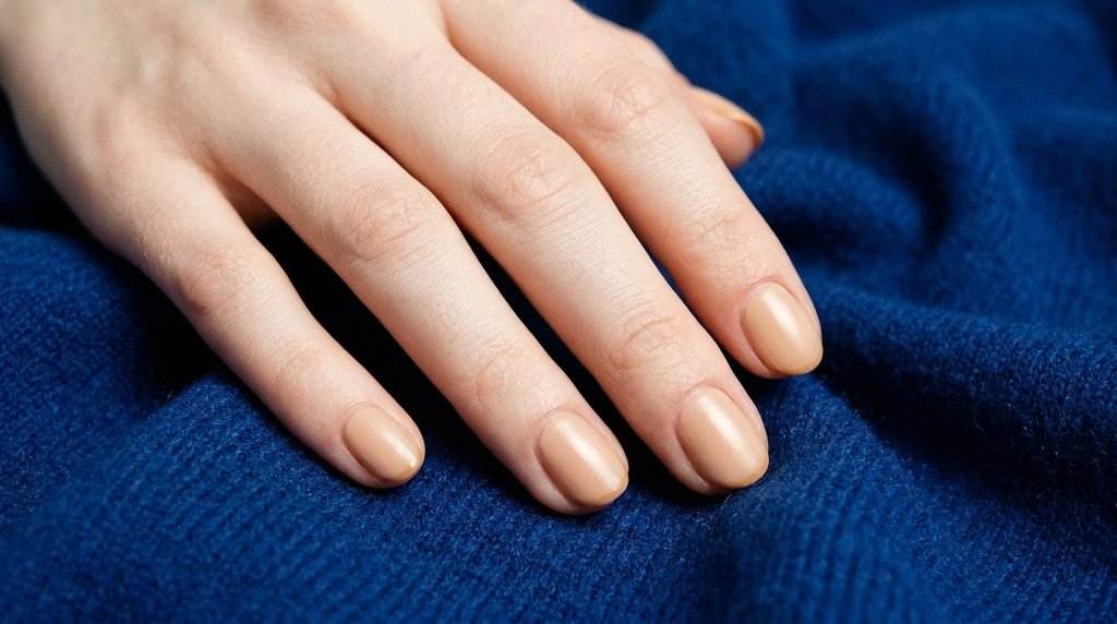 Cashmere nails micro-French in golden sand on short oval nails over royal blue backdrop.