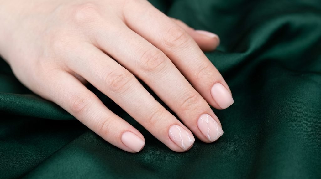 Cashmere nails with rose quartz accent on short squoval nails over emerald green backdrop.