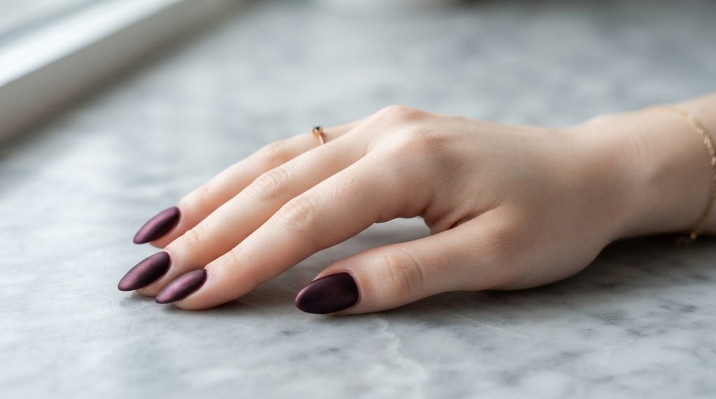 Extreme close-up of three glossy plum noir nails on a very white female hand, 18, against a blurred cream velvet background.