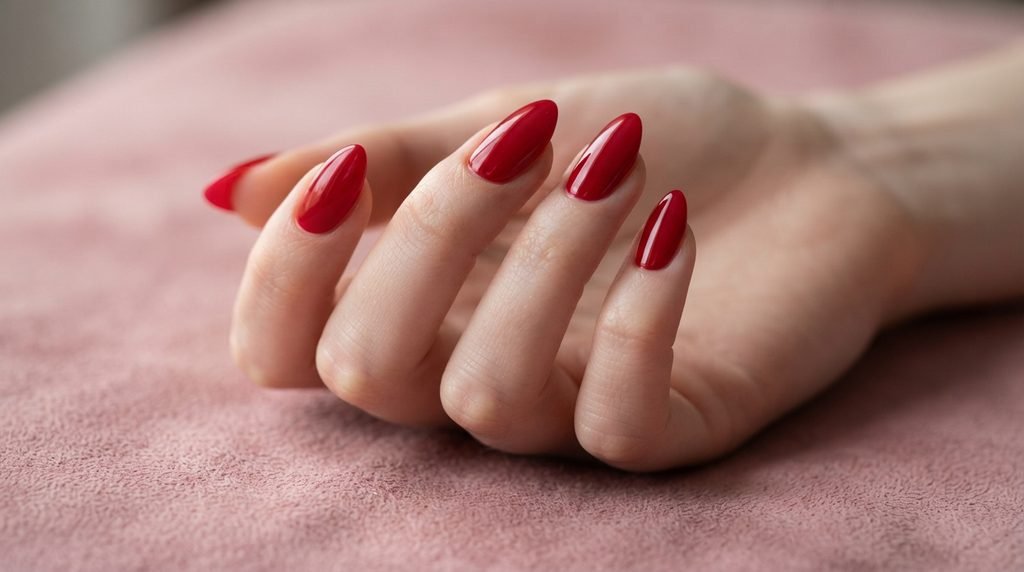 Slender almond nails with high-gloss cherry red polish resting on dusty rose suede.