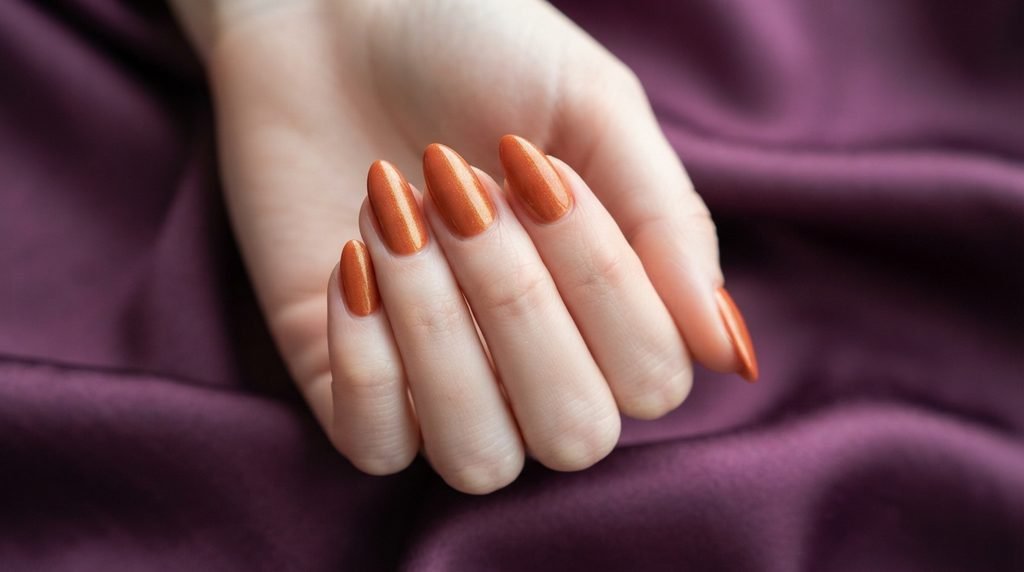 Close-up photograph of fine shimmer burnt orange almond nails on a young woman's hand against plum-purple silk.