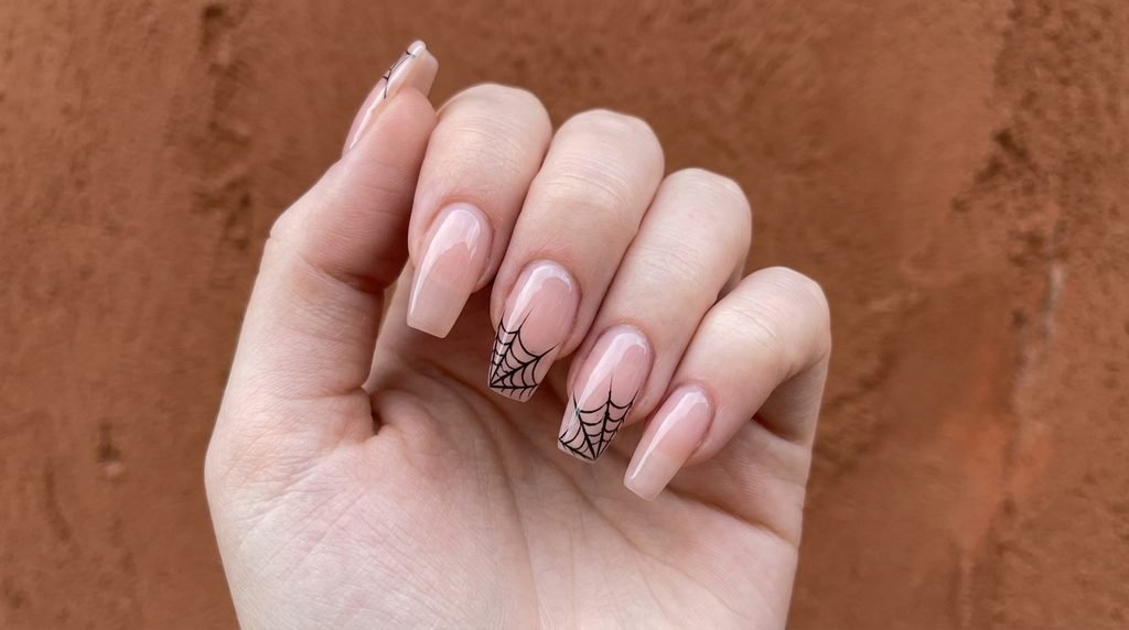 Medium coffin nails with sheer pink polish and black spider web line art on white skin.
