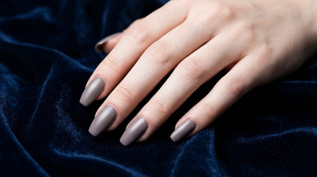 Cashmere nails in cool ash taupe on medium coffin nails over midnight blue velvet background.