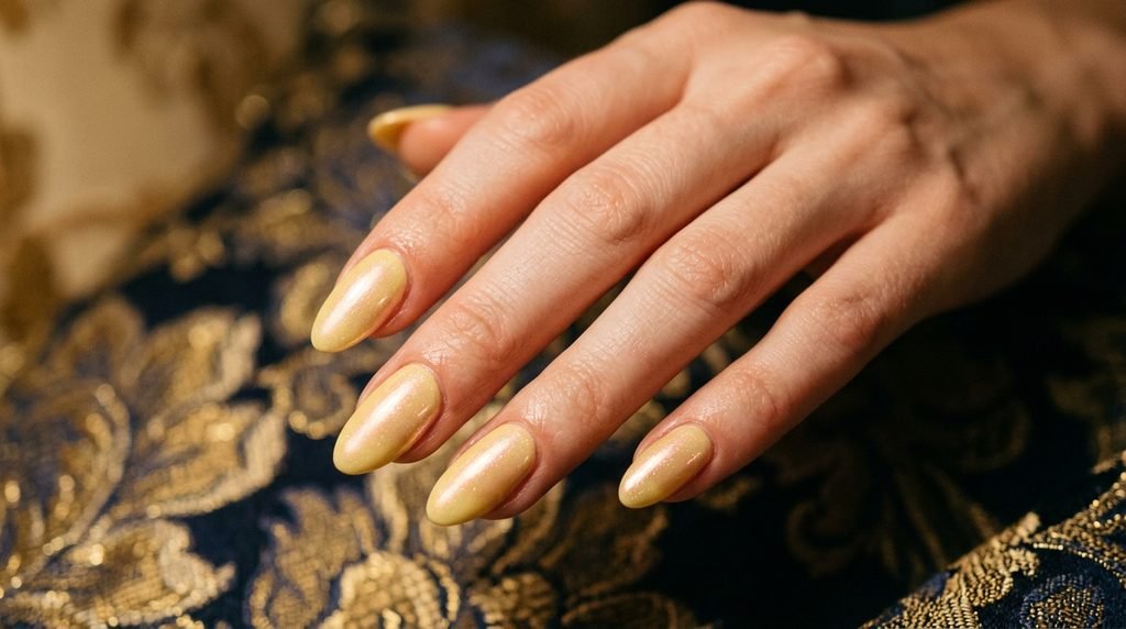 A close-up view of almond nails with a fine golden pearl glaze over butter yellow, on an opulent gold and navy patterned background.