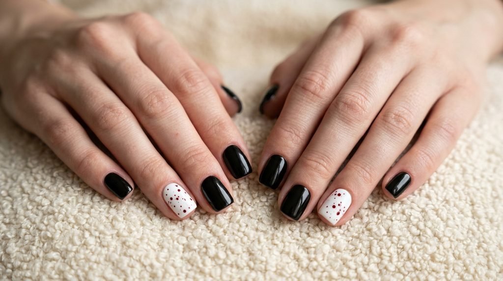 A close-up of short square nails on an 18-year-old female hand with white skin. Eight nails are solid glossy black, while the ring fingers feature a minimal white base with sparse red blood splatter micro-dots against a cream bouclé background.