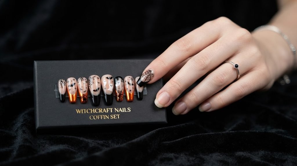 Female hand holding a set of custom Halloween press-on nails over a dark velvet background.