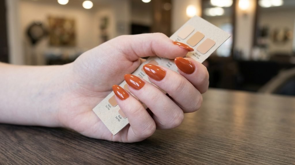 Burnt orange nails on an 18-year-old female hand with very white skin tone holding shade swatches.