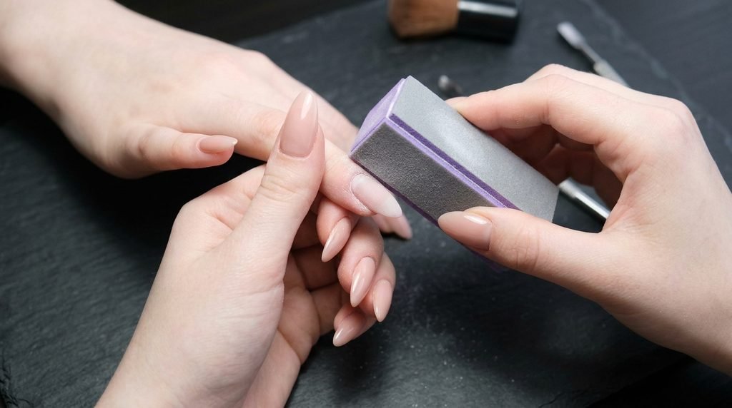 An 18-year-old female hand with very white skin removing softened matte gel with a wooden stick against a dark neutral background.
