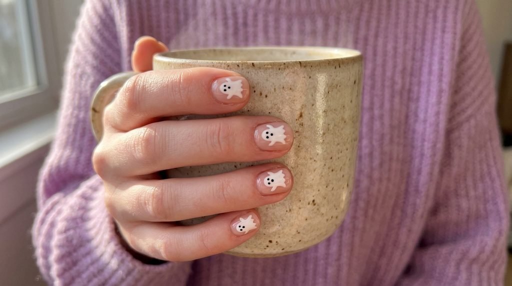 Short round nails painted sheer nude with cute white sheet ghost shapes on an 18-year-old hand with white skin.