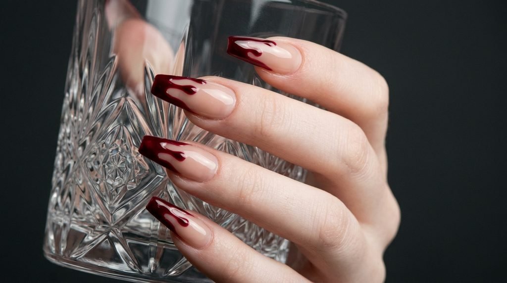 Long coffin nails featuring sheer nude polish and red blood drip accents on smooth white skin.