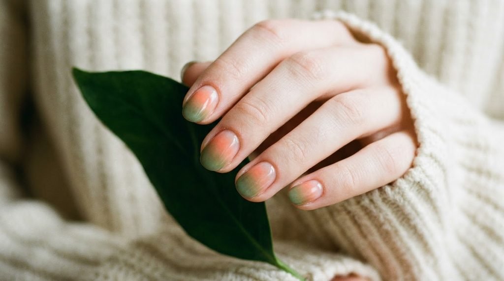 A detailed close-up of short oval nails with a subtle, diffused coral-to-green ombré, resting on a warm cream-colored textured knit background.