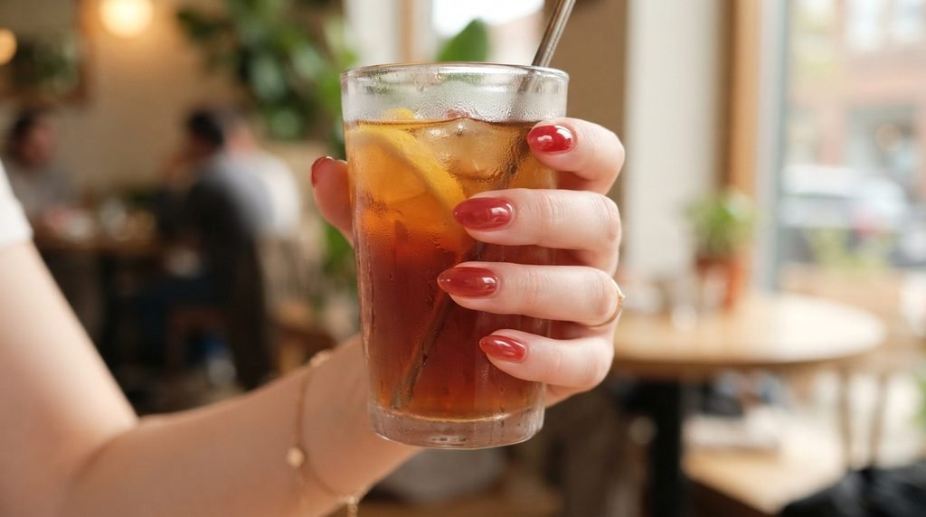 Close-up of sheer garnet red jelly nails on an 18-year-old female hand holding a glass.