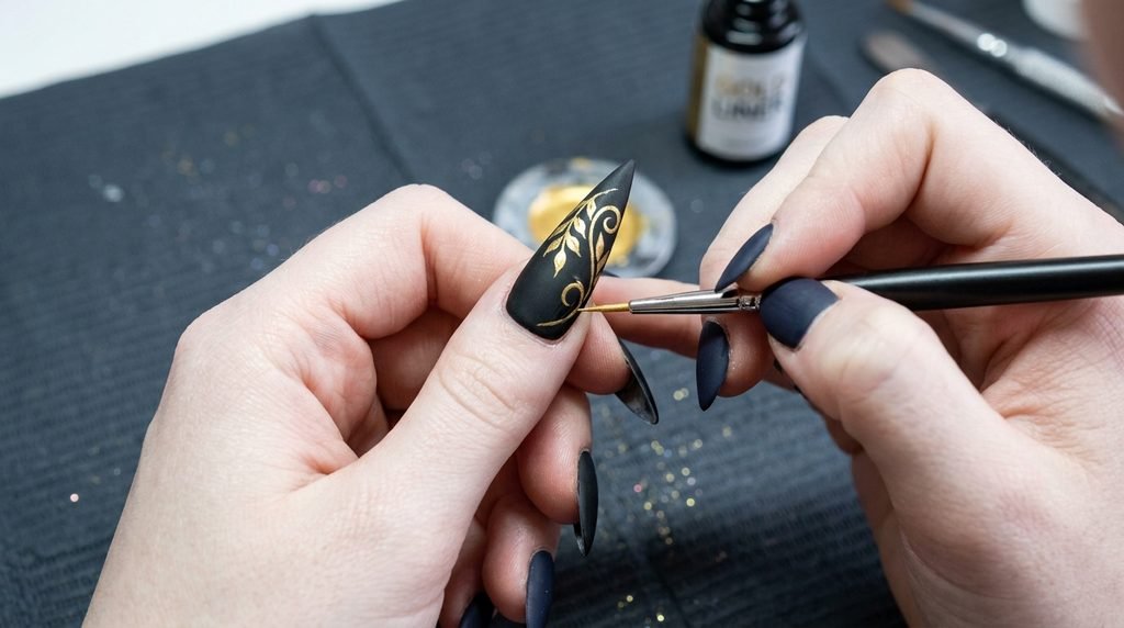 An 18-year-old female hand with very white skin holding a detail brush near a matte black and gold nail on a dark gray surface.