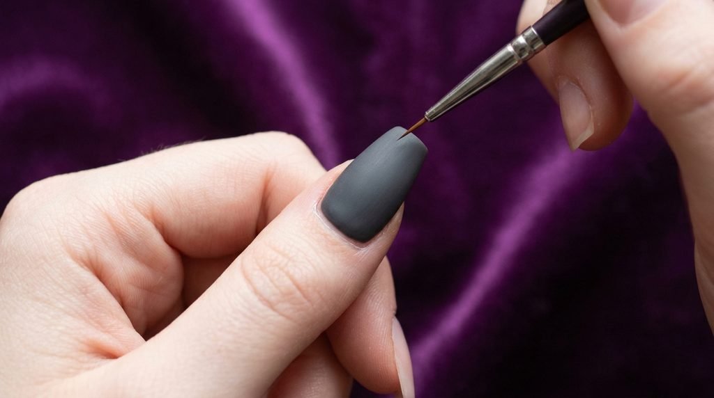 A focused, well-lit close-up of a hand with very white skin next to organized nail art brushes and dotting tools on a dark slate background.