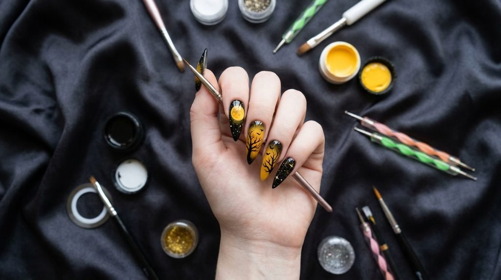 Detailed golden full moon painted on a stiletto nail, 18-year-old female hand with pale skin.