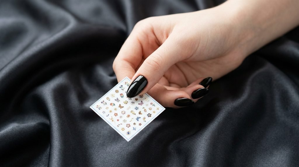 White-skinned female hand holding sheet of water-transfer nail art decals over black nails.