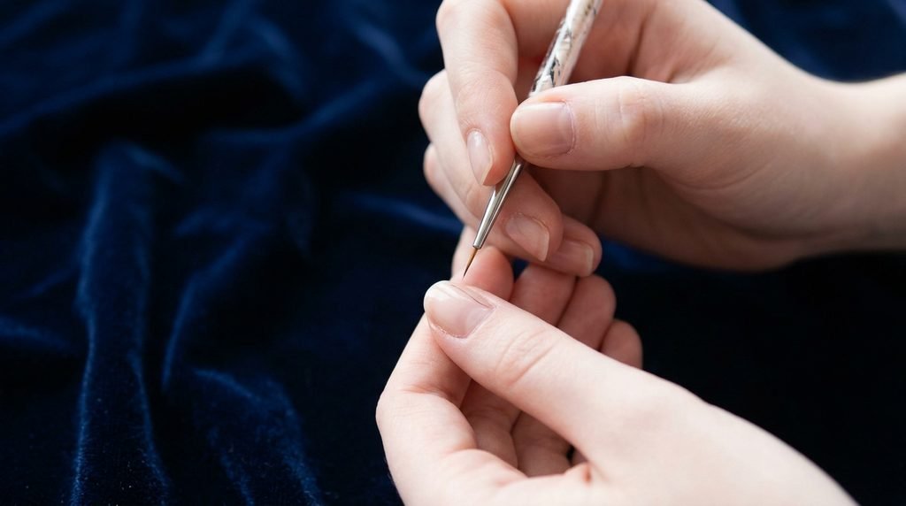 Detailed brush painting a thin red ribbon line on a white nail.