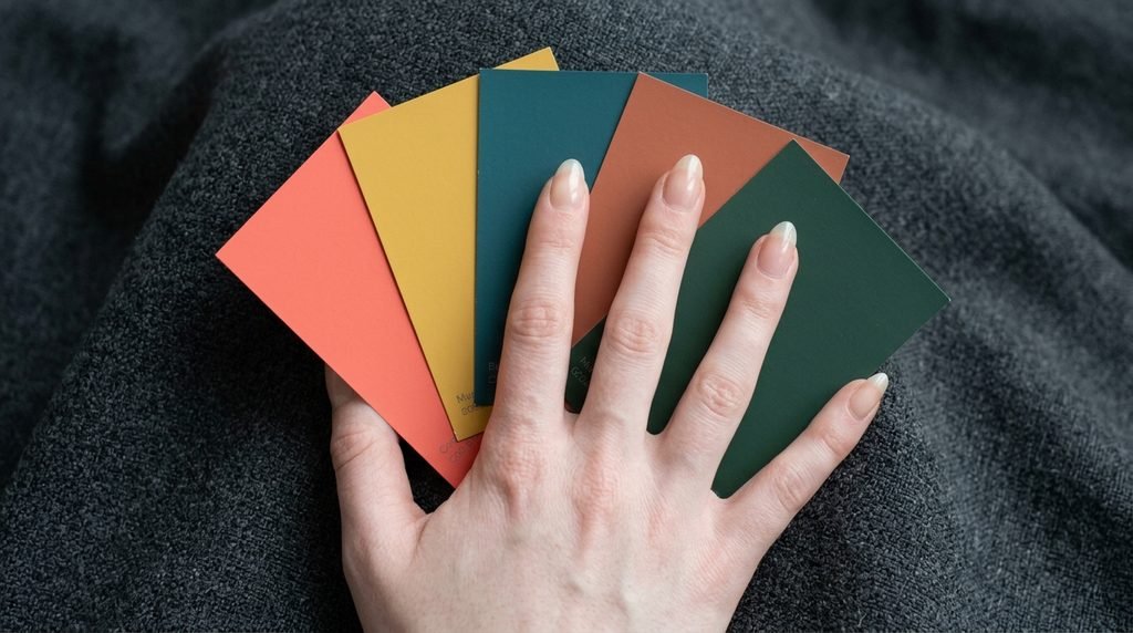 Close-up of a young woman's hand with almond nails, where different fingers display different manicure finishes (gel vs. press-on), against a dark purple satin background.