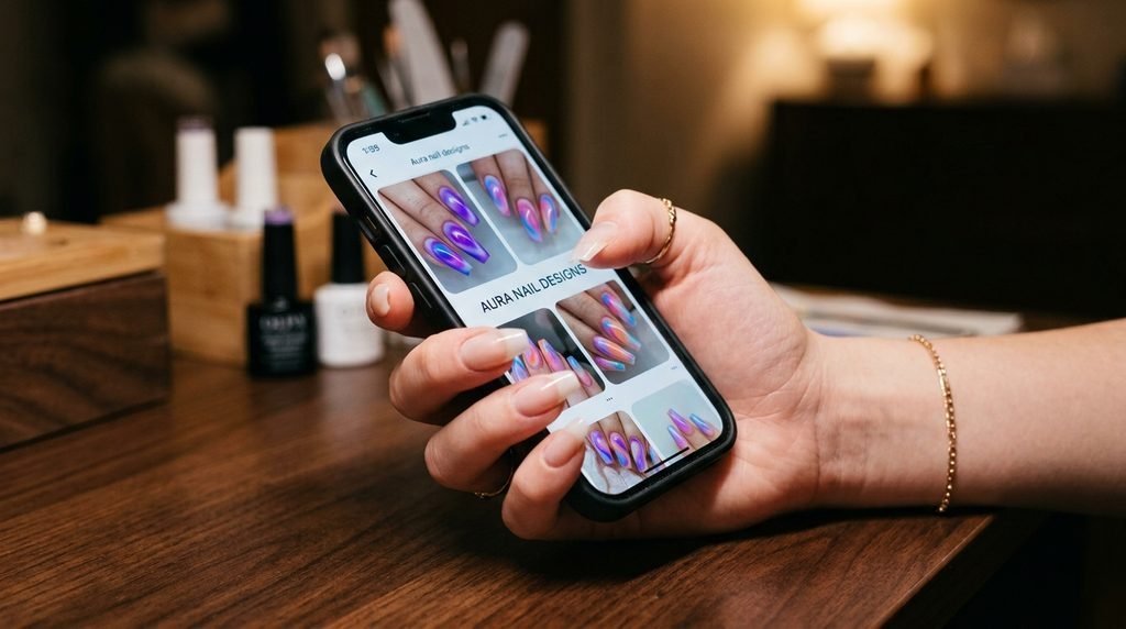 Female hand holding a phone displaying aura nail designs over a dark wooden table.