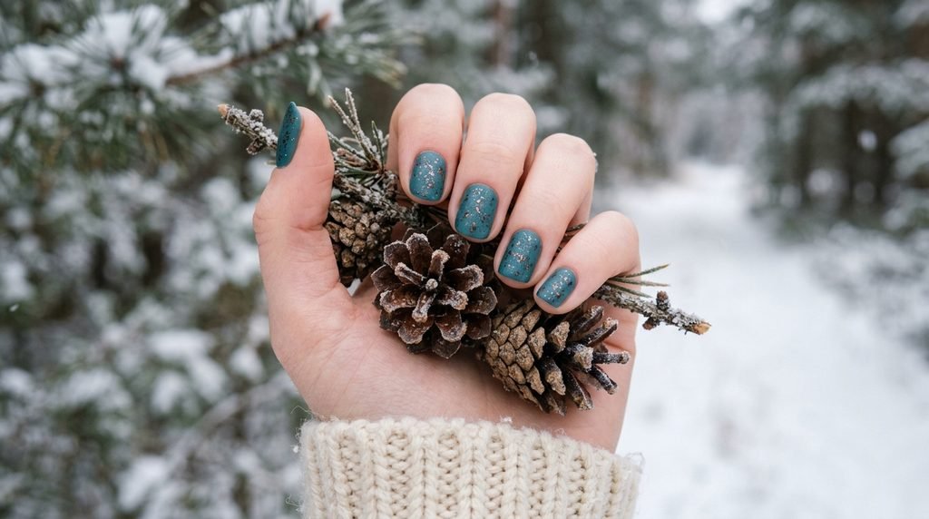 Matte teal nails with bronze and silver flecks holding pine cones on a female hand with clear white skin.