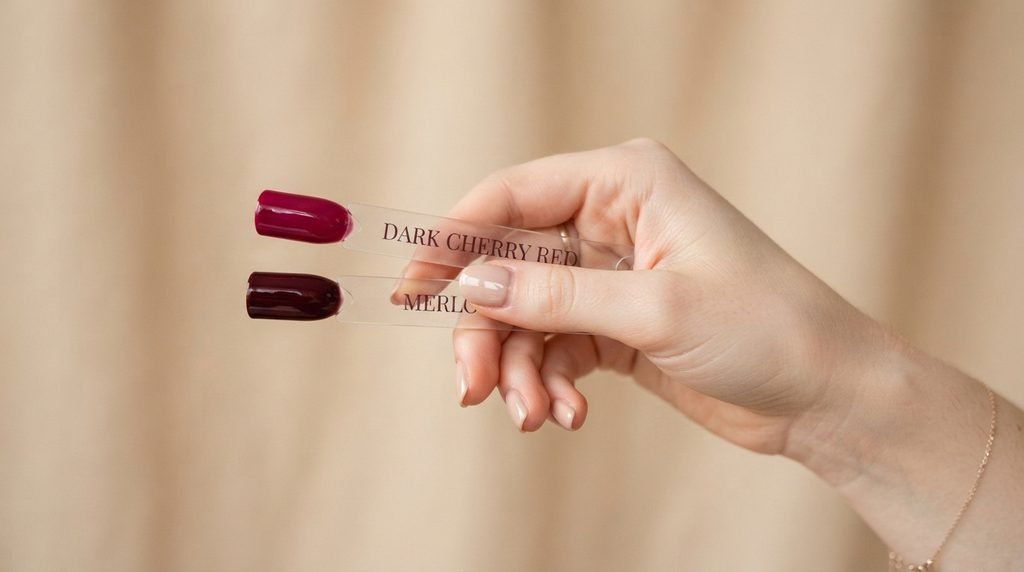 Hand holding polish swatch sticks in deep cherry red shades against neutral background.