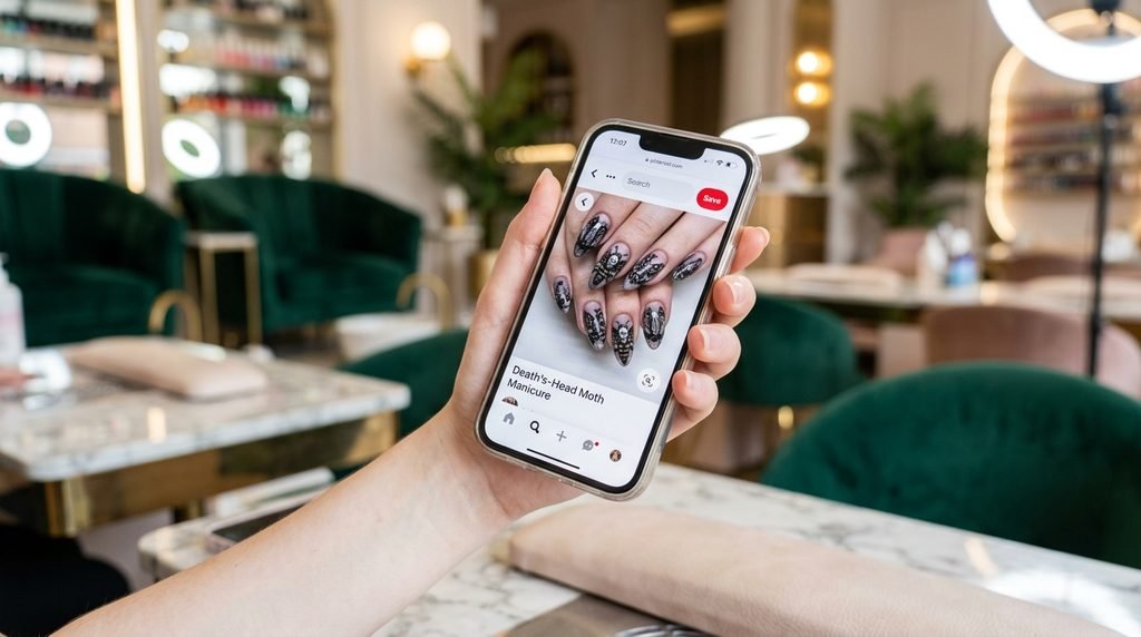 Close-up of a hand with very white skin holding a phone that displays a Death's-Head Moth nail reference picture, shown inside a blurry, high-end nail salon.