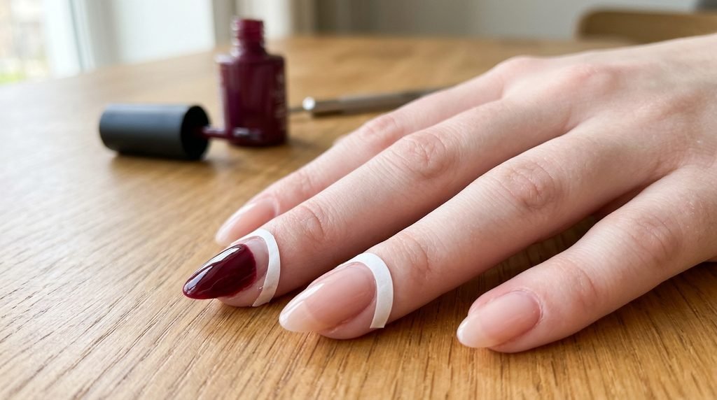 Micro-photograph of curved nail guide tape being used to paint a double French tip line.