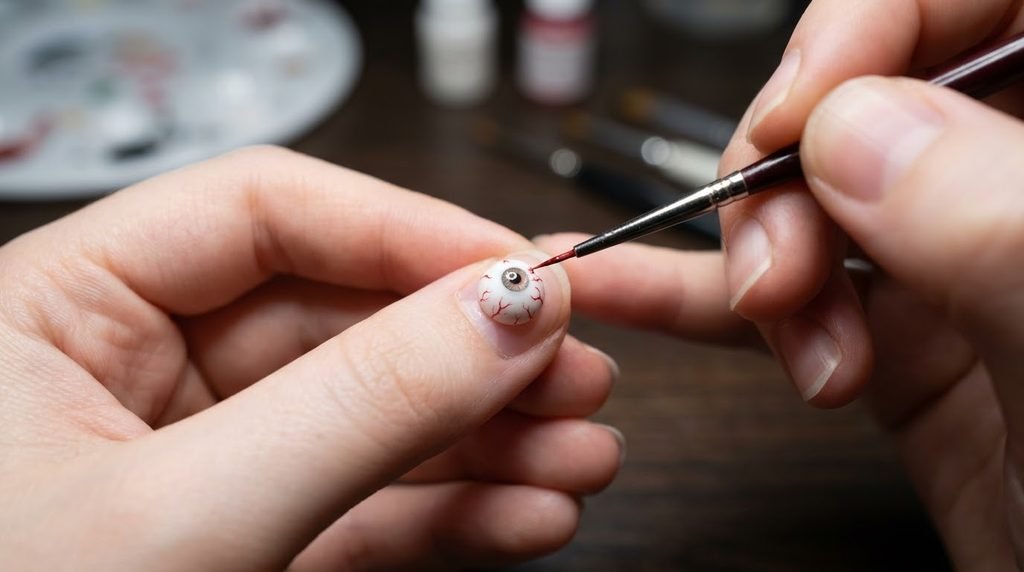 A detailed close-up of a woman's pale hand carefully using a thin liner brush and red paint to create blood veins on a sculpted 3D eyeball on her index finger nail, against a blurred wooden background.