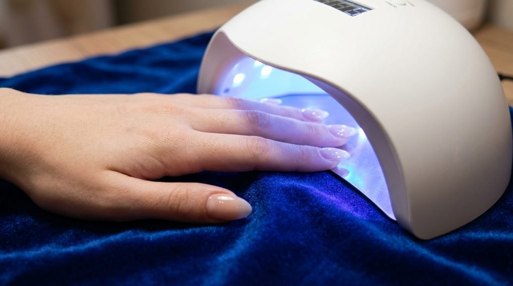 White-skinned female hand placing freshly prepped nails beneath an LED curing lamp light.