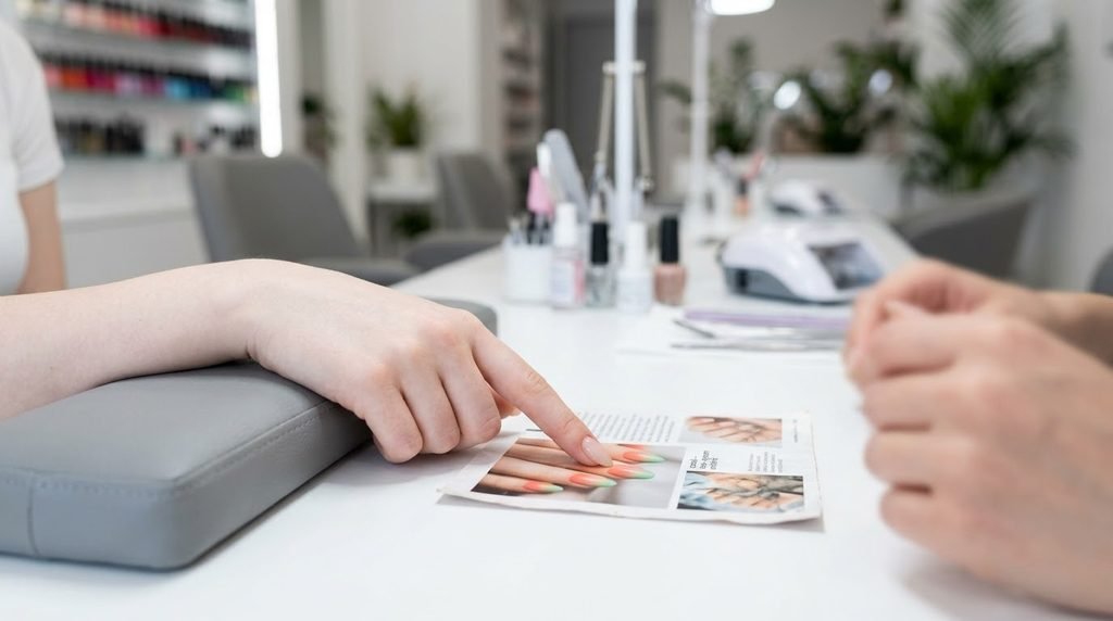 A photorealistic close-up of a young woman’s hand resting on a support, pointing to a photo of a nail design in a salon setting with a clean white support surface.