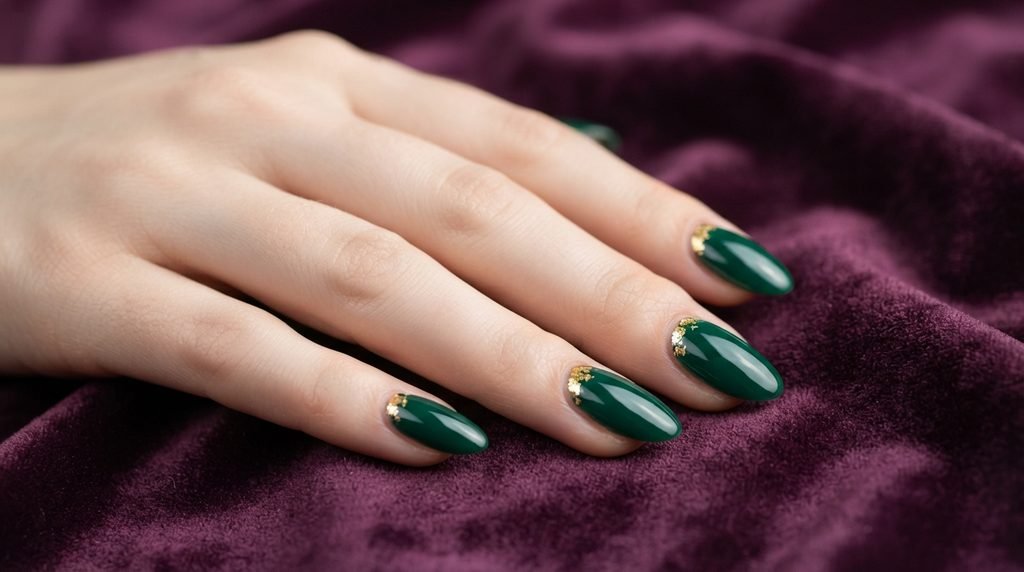Close-up photograph of glossy emerald green almond nails with gold foil on a young woman's hand resting on plum velvet.