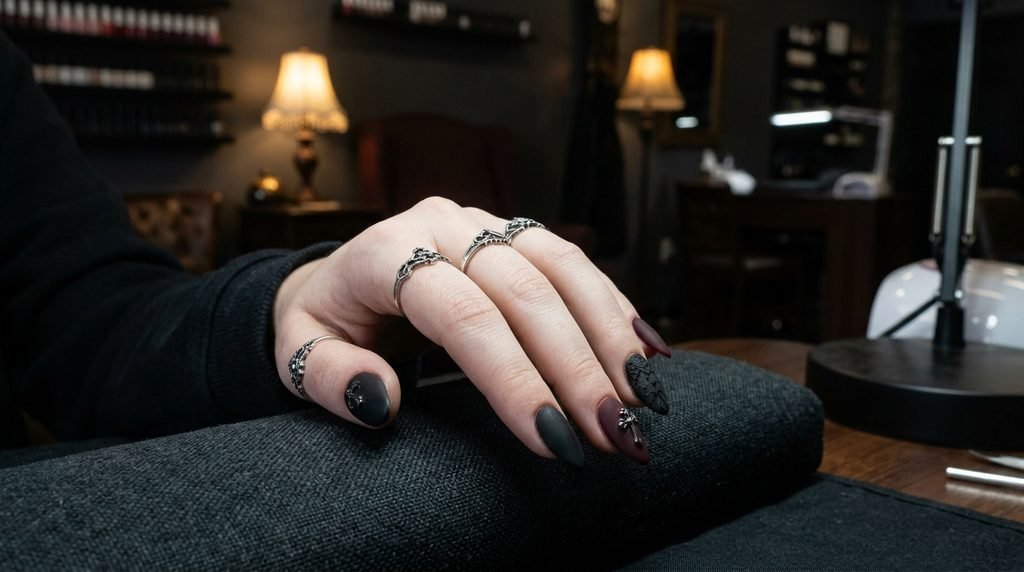 Finished gothic heart manicure on white female hand after salon application.