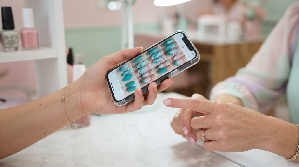 Hand with white skin holding smartphone displaying deep teal nail art inspiration.