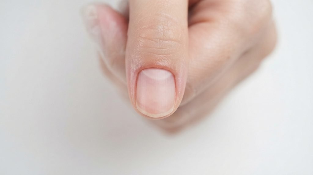 Cleanly prepped natural nail bed on a female hand with soft white skin before dark gel application.