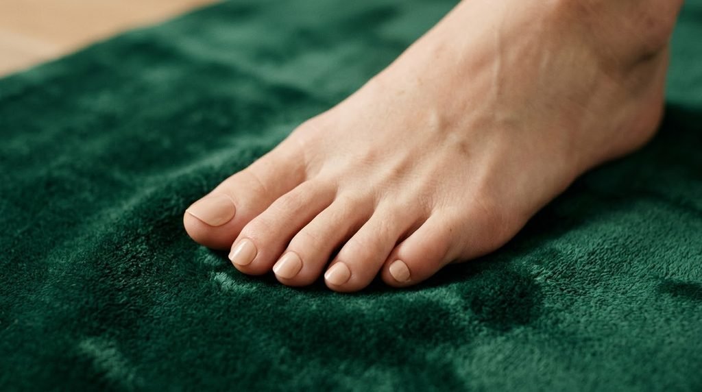 Short almond espresso brown press-on nails on an 18-year-old female hand with very white skin over navy satin.