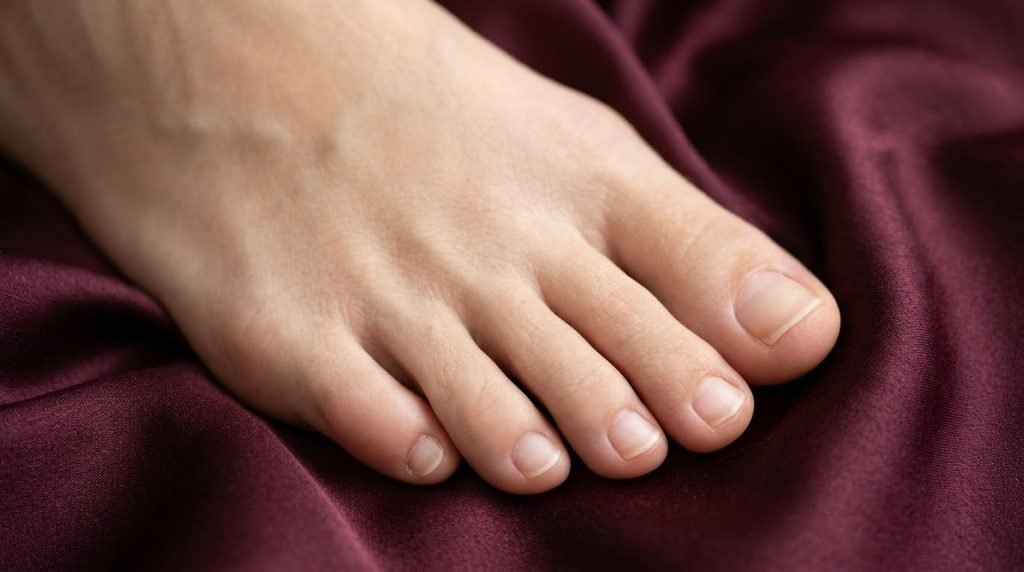 Clean and healthy natural toenails on an 18-year-old female foot with very white skin over burgundy silk.