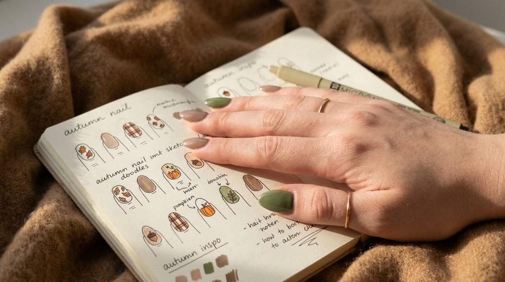 Hand with autumn mushroom manicure resting near a sketchpad on an eighteen year old female hand with white skin.