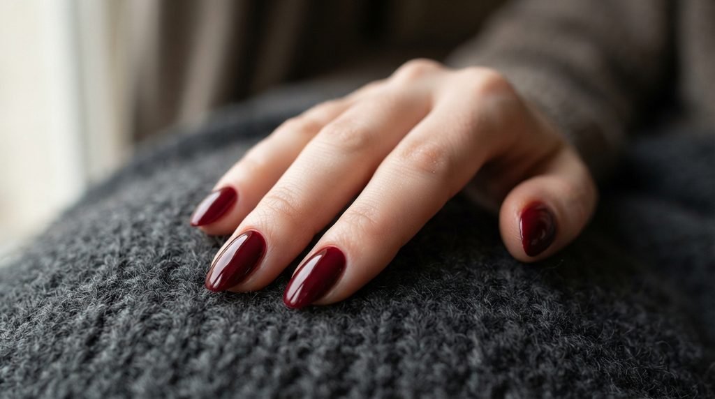 Close-up of deep garnet red high-gloss gel nails on an 18-year-old female hand.
