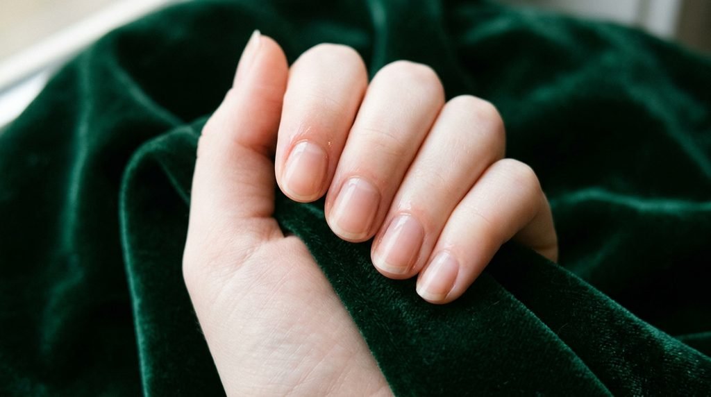 Healthy natural nails after safe gel removal resting on emerald green velvet background.