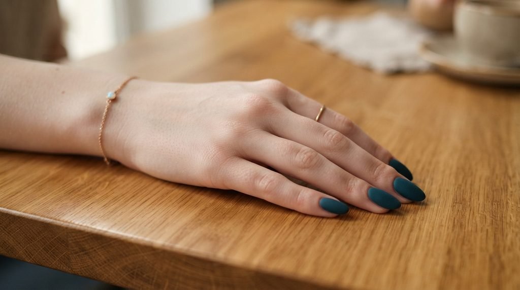 Matte teal nails resting on a warm wood surface, showcasing fair white skin tones.